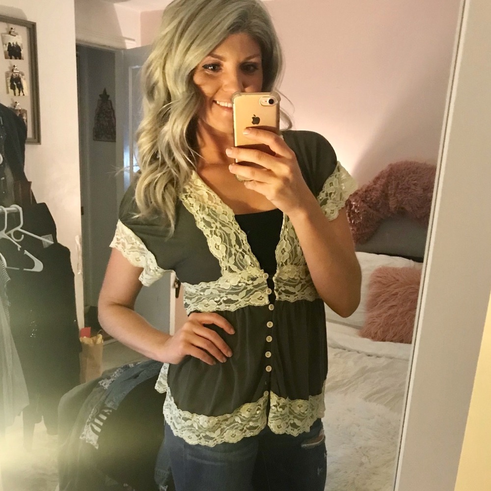 Olive green & cream lace plunge blouse
